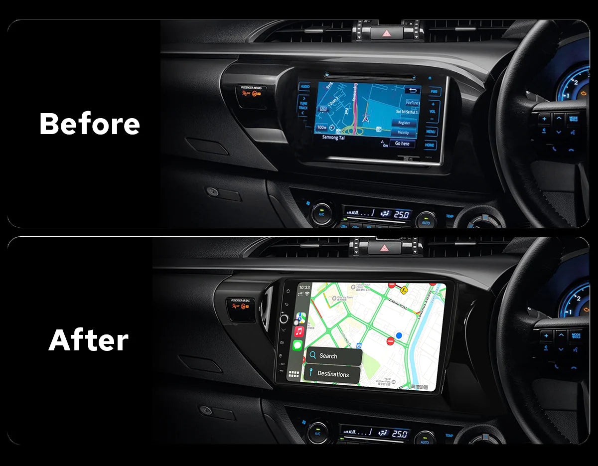 before after of toyota hilux N80 android 10inch head unit with apple car play and netflix